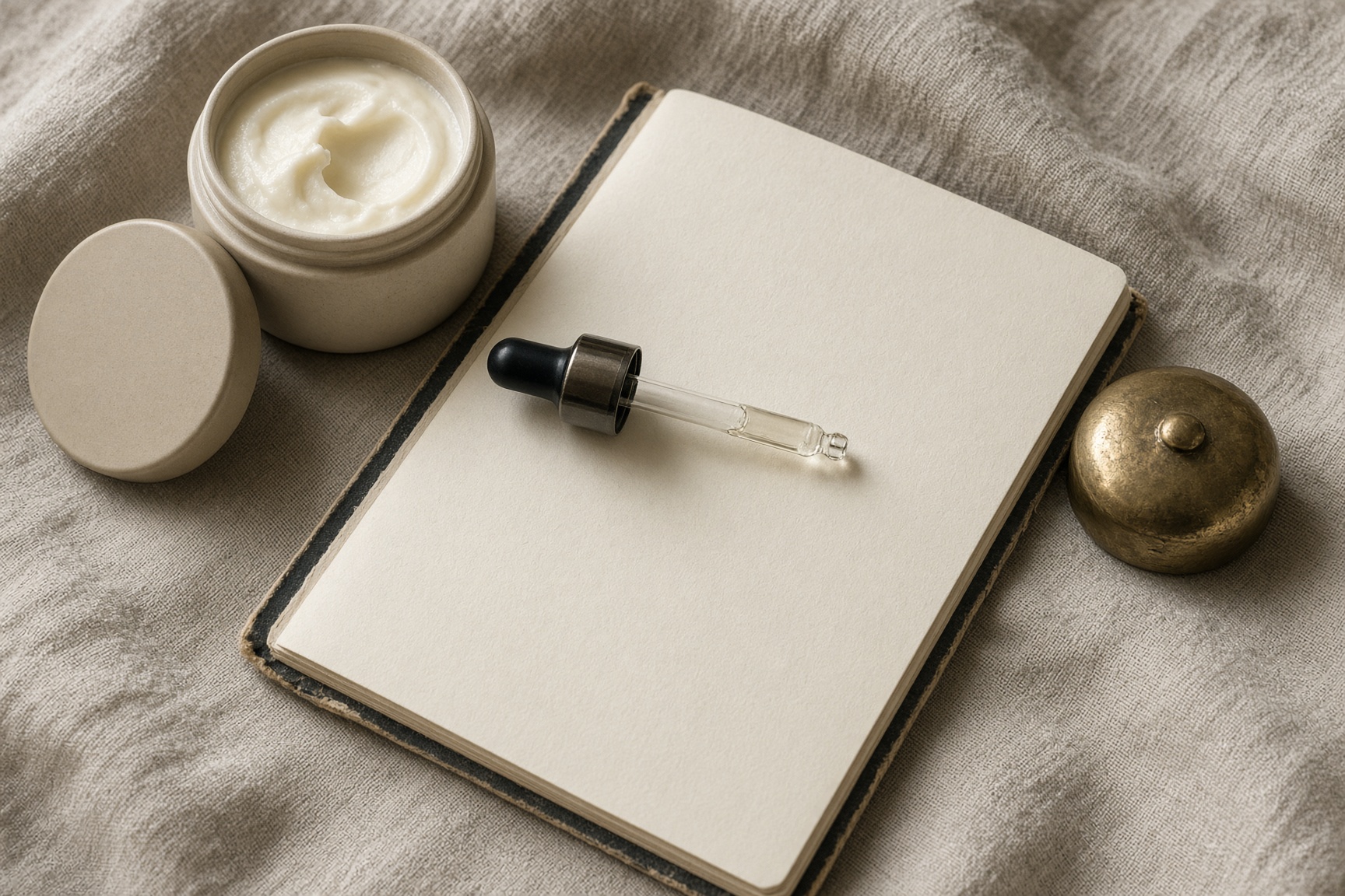 Open cream jar and glass dropper on a paper record